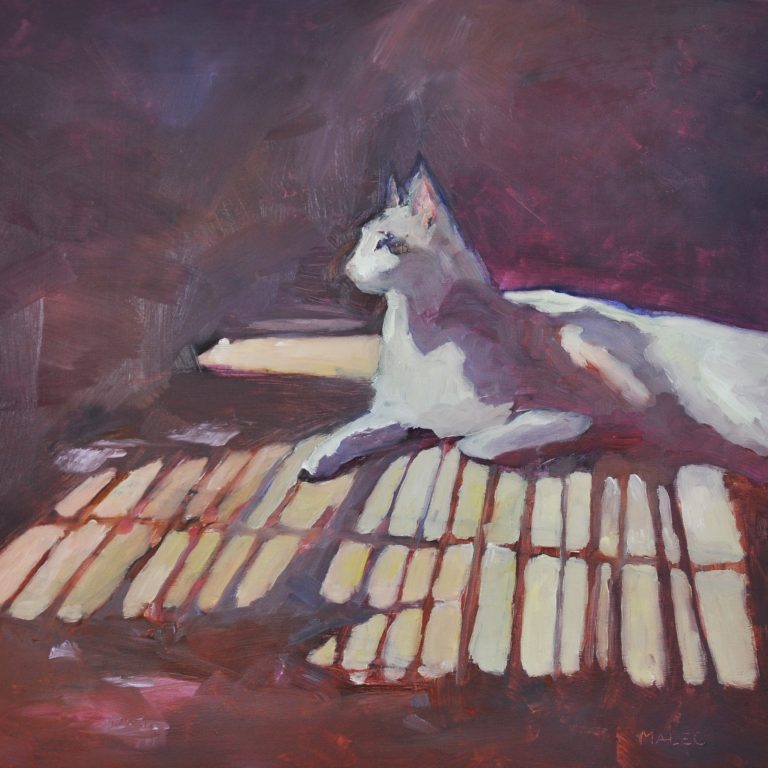 A vibrant, oil painting on panel titled "Cat in the Sunbeams." A white cat, with black patches, is rendered in profile, facing left toward a cascade of bright, white light. The light illuminates the cat and casts strong, diagonal stripes across the floor, in shades of deep blue, green, and orange. The cat sits against a rich, deeply textured background of dark purple, brown, and ochre, creating a strong contrast. The entire piece is composed of broad, textured brushstrokes, conveying movement and depth, with the artist's signature visible in the lower right corner. malec art