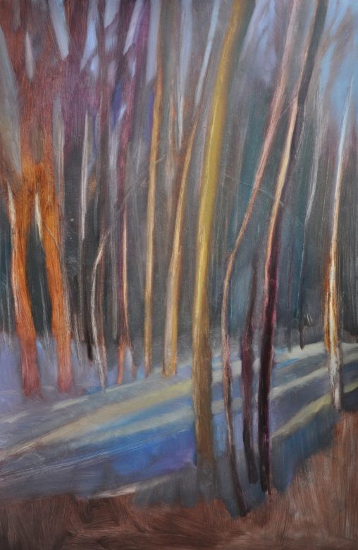 A large-scale oil painting (80x110 cm) titled "Contemplations of Sunbeams in the Forest." The artwork captures the interplay of light and shadow within a winter woodland. Bright, piercing sunbeams cut through the trees, casting vivid, deep blue and purple shadows onto a thick, textured layer of snow. The composition emphasizes the intense color contrast and the quiet, frozen atmosphere of the forest.