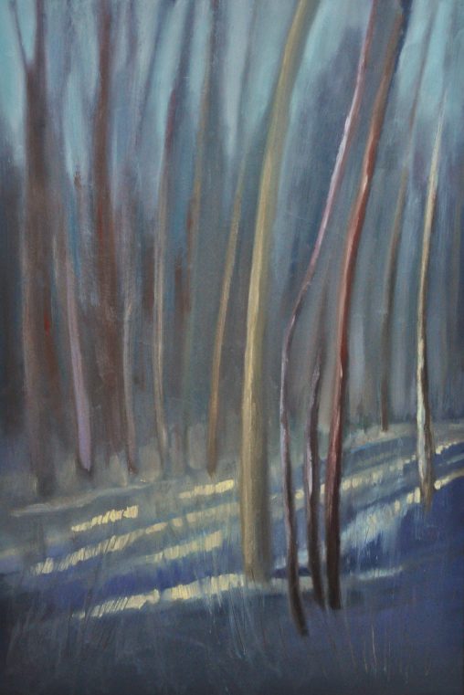 A large-scale oil painting (80x110 cm) titled "Contemplations of Sunbeams in the Forest." The artwork captures the interplay of light and shadow within a winter woodland. Bright, piercing sunbeams cut through the trees, casting vivid, deep blue and purple shadows onto a thick, textured layer of snow. The composition emphasizes the intense color contrast and the quiet, frozen atmosphere of the forest.