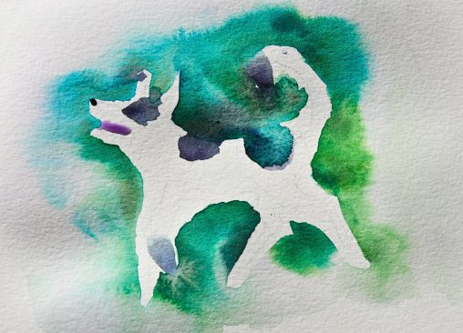 A watercolor painting on textured paper featuring the white silhouette of a dog, created using negative space. The dog is shown in profile with its head tilted back and mouth slightly open, revealing a subtle purple accent. Surrounding the figure is a vibrant, organic wash of emerald green, turquoise, and sea-blue pigments that bleed softly into the paper. Irregular, dark spots in deep violet and grey are scattered across the dog’s white body, appearing as "intersections" between the animal and the cosmic background. The composition has an ethereal, fluid quality, capturing the moment of a system’s creation.