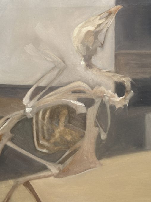 Detail of the oil painting 'Marlena' (80x90 cm). A stark, bleached bird skeleton set against geometric planes in muted shades of grey, beige, and black. Minimalist, clinical composition focusing on the skeletal structure.