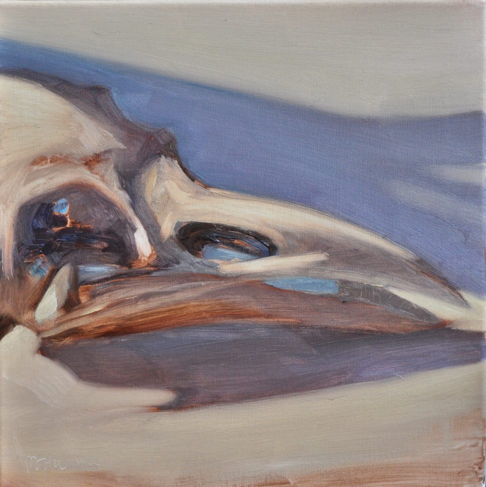 A painting titled "Perfection: Existence Construction within the Brush Jar Shadow." It shows a raven skull bathed in bright, warm light, contrasted by deep, vibrant blue shadows. The shadows, cast by a jar of brushes, wrap around the bone's ivory surface. The construction of the skull is both delicate and solid, emerging from the cool, dark tones of the studio's atmosphere.