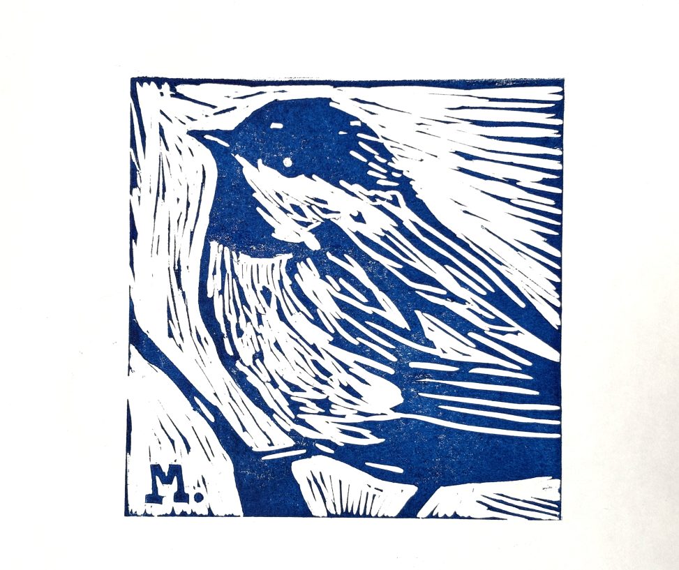 A square-format linocut print of a coal tit, rendered in deep indigo blue and stark white. The bird is depicted in profile, integrated into a composition of energetic, rhythmic gouges that suggest needles and branches. The high-contrast technique emphasizes the bird's characteristic markings, while the surrounding texture creates a sense of movement and "breathlessness," as if the bird were captured in a fleeting moment within a dense pine forest. malec art