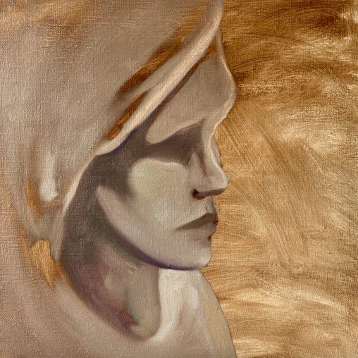 Oil painting titled 'Porcelain Thoughts'. A close-up profile of a pale, featureless face rendered in smooth, ceramic-like tones. The form is defined by deep, structural shadows and a muted, warm-toned background with visible brushstrokes. The expression is static, clinical, and devoid of individual identity.