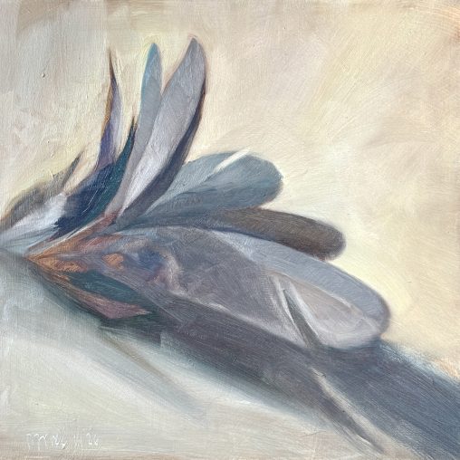 A study of a natural form, resembling a fishing fly crafted by nature. The composition captures the organic structural integrity of the bird’s remains—the quills holding together the plumage, skin, and residual tissue. The painting explores the tension between decay and aesthetic order, rendered with a focus on the vividness of colors under morning light versus the suppression of form within the shadows. malec art