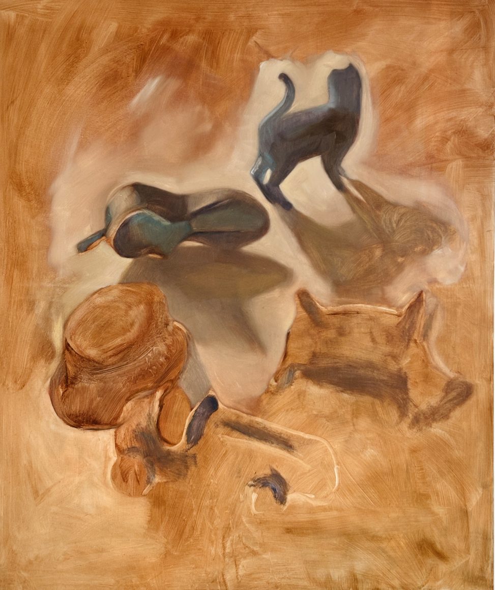 Oil painting, 120x100 cm. A case study based on Monopoly game pieces. The composition features stylized, distorted game tokens floating in a warm, monochromatic, ochre-toned space. The play of light and shadow gives small metal objects a haunting, organic quality.