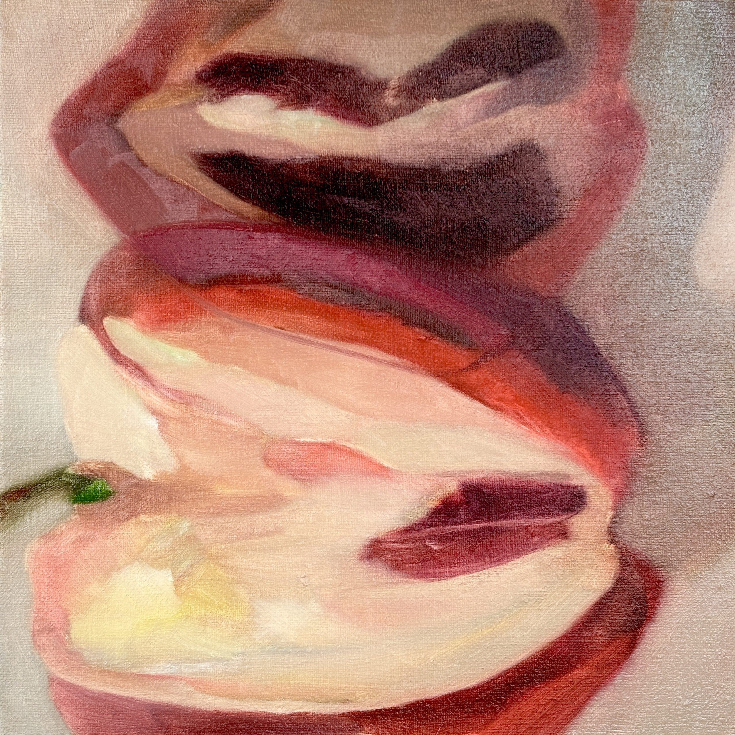 An oil painting on the rough texture of burlap, depicts the cross-section of a pepper-like vegetable in a tight, macroscopic frame. The composition divides into two main parts: a lower, brighter section filled with a creamy-pink interior and a subtle touch of a green stem on the left, and an upper, darker section with deep shadows in burgundy and dark red. The lines are fluid and rounded, while the visible texture of the canvas and soft tonal transitions give the piece an organic, pulsating, and ambiguous feel.